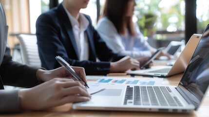Poster - Asian project manager uses laptop displayed data analysis while professional business team brainstorming marketing idea at business meeting Working togethersharing idea planing strateg : Generative AI
