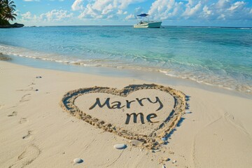 Marry me text and heart on the sand by the tropical ocean. Proposal and happy marriage concept