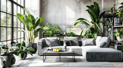 Wall Mural - Interior of light living room with grey sofas coffee table houseplants and big window : Generative AI