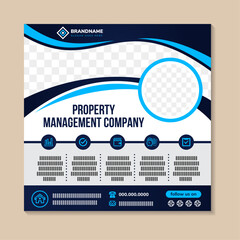 Poster - Real estate or house sale social media banner template design. poster for property management company with space for photo collage use blue color on element. square layout with infographic icon