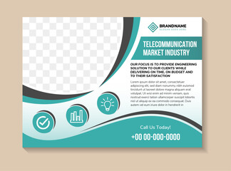 Poster - Blue light digital brochure template design with space for photo collage. Cover layout in horizontal. the headline is telecommunication market industry.