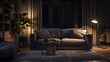 © The Little Hut - Interior of stylish living room with grey sofa armchair and glowing lamps at evening : Generative AI