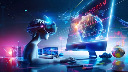 Poster - Elearning technology webinar online education and training to develop new skills and knowledge AIenhanced learning with personalized courses Remote learning on internet Virtual screen : Generative AI