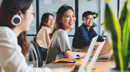 Aufkleber - Colleagues in a modern office collaborate on a project Business professionals use laptops at a table The diverse teams happy smiles showcase teamwork Perfect for startups and entrepren : Generative AI