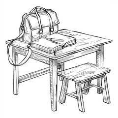 outline hand writing School table with School bag and book on white background