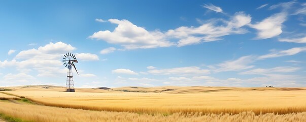 Wall Mural - golden fields and windmills under a blue sky with white clouds