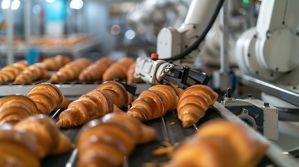 Leinwandbilder - Mechanical robots take semifinished products from conveyor belt and put them into containers Mechanical robots replacing human labor in factory Mechanical robots in mass production Fre : Generative AI