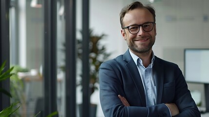 Aufkleber - Happy crossed arms and portrait of businessman in office with company pride confidence and smile Creative startup professional agency and person for career work and job in modern workp : Generative AI