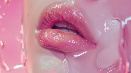 Sexual full lips Natural gloss of lips and womans skin The mouth is closed Increase in lips cosmetology Natural lips Great summer mood with open eyes fashion jewelry Pink lip gloss : Generative AI