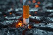 © Surachetsh - the theme of World No Tobacco Day, a cigarette butt lies on the ground, still aflame, symbolizing the urgency to stop smoking.