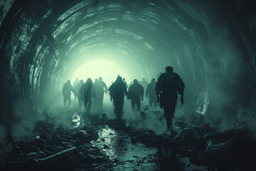 Wall Mural - Zombies emerging from a dark underground tunnel. Concept of horror and suspense. Generative Ai.