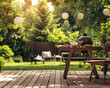 © Isaac - Summer in a backyard garden featuring a barbecue grill and a wooden table.