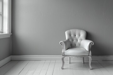 Wall Mural - white concrete room, a comfortable white chair and sofa invite relaxation, with ample copy space and window light casting subtle shadows, embodying the concept of minimalism.