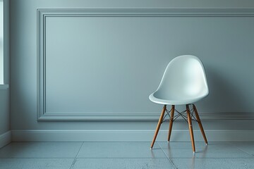 Wall Mural - white concrete room, a comfortable white chair and sofa invite relaxation, with ample copy space and window light casting subtle shadows, embodying the concept of minimalism.