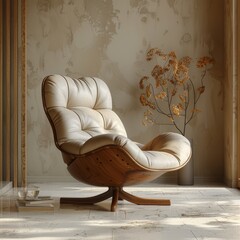 Wall Mural - white concrete room, a comfortable white chair and sofa invite relaxation, with ample copy space and window light casting subtle shadows, embodying the concept of minimalism.