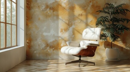 Wall Mural - white concrete room, a comfortable white chair and sofa invite relaxation, with ample copy space and window light casting subtle shadows, embodying the concept of minimalism.