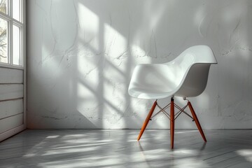 Wall Mural - white concrete room, a comfortable white chair and sofa invite relaxation, with ample copy space and window light casting subtle shadows, embodying the concept of minimalism.