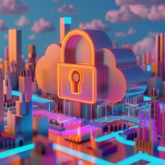 Wall Mural - Futuristic cityscape with data flow lines under metallic lock icon cloud in a stylized setting