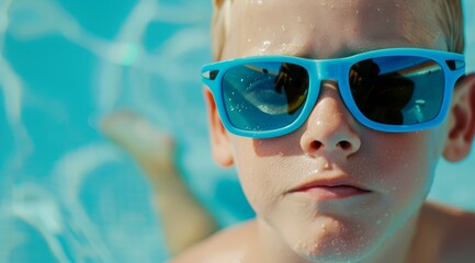 Wall Mural - A young boy wearing blue sunglasses is sitting in a pool, aquapark or water park