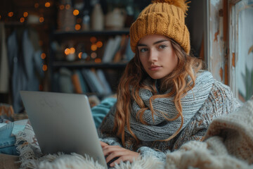 Poster - A millennial blogger typing on a laptop in a cozy nook. Concept of writing and digital presence. Generative Ai.