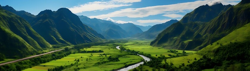 Wall Mural - lush green valley under a blue sky with white clouds