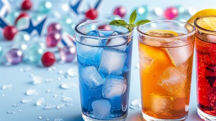 Canvas Print - Three glasses of different colored drinks with ice cubes in them. Tropical summer concept