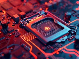 Poster - secure connection or cybersecurity service concept of compute motherboard closeup and safety lock with login - ai