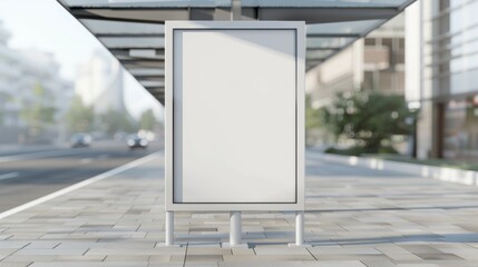 Poster - A white sign is on a brick sidewalk, mockup advertising space