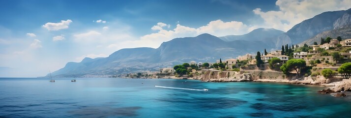 Wall Mural - mediterranean coast with lush green trees, crystal blue water, and a white boat under a clear blue sky with a single white cloud