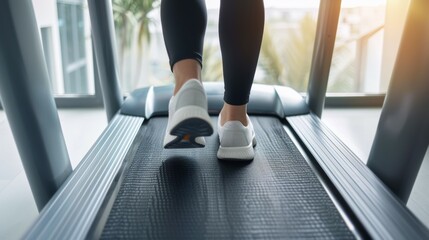 Poster - A woman is running on a treadmill, healthy lifestyle concept