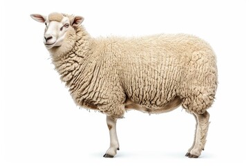 portrait of a sheep with white coat, standing in profile on white background.