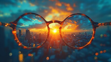 Cityscape view through eyeglasses at sunset, urban skyline and colorful sky. Vision and clarity concept