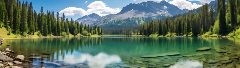 Wall Mural - mountain lake surrounded by lush green trees and a clear blue sky, with a white cloud adding to the picturesque view
