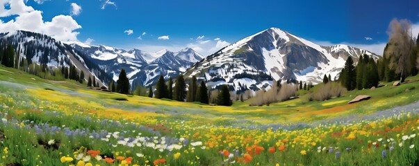 Poster - mountain meadow in springtime with tall green trees and a blue sky dotted with white clouds