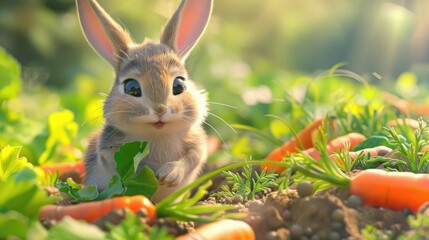 3d cartoon of little rabbit with carrot leaves generate ai