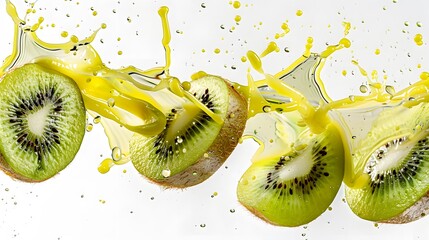 Canvas Print - Whole and sliced kiwi with splashes of juice, isolated on a white background. 