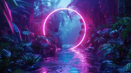 Wall Mural - Round mystical pandora portal glowing in neon colors in a lush jungle setting , futuristic, fantasy, portal, jungle, mystical, neon, vibrant, magical, enchanted, sci-fi