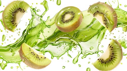 Canvas Print - Whole and sliced kiwi with splashes of juice, isolated on a white background. 