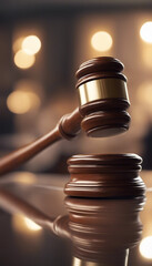 Vertical close-up of a wooden judge gavel on a reflective surface side view symbolizing judicial aut