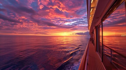 Wall Mural - Sunset view from a cruise ship deck with reflections on the water