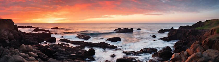 Wall Mural - rocky coastline at sunset with a stunning orange sky and a prominent rock in the foreground