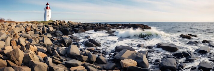 Sticker - rocky shoreline with a red and white lighthouse under a blue sky