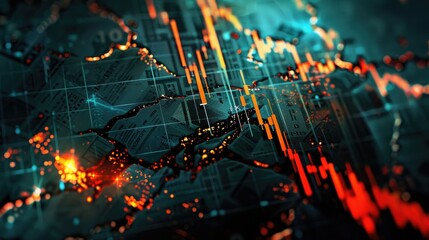 Wall Mural - Technical financial market graph on abstract technology background symbolizing decrease in stock prices and financial crisis
