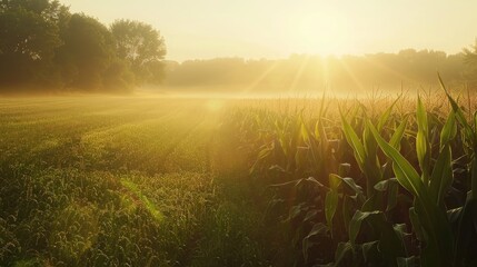 Wall Mural - Morning sunlight across a cornfield during the summer Rural farming scenery