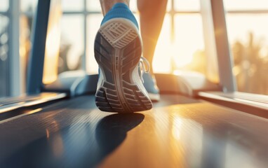 Wall Mural - A person is running on a treadmill with their foot on the edge of the machine, healthy lifestyle concept