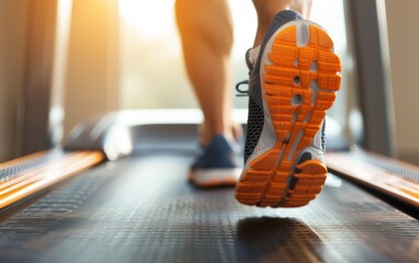 Wall Mural - A person running on a treadmill with orange shoes, healthy lifestyle concept