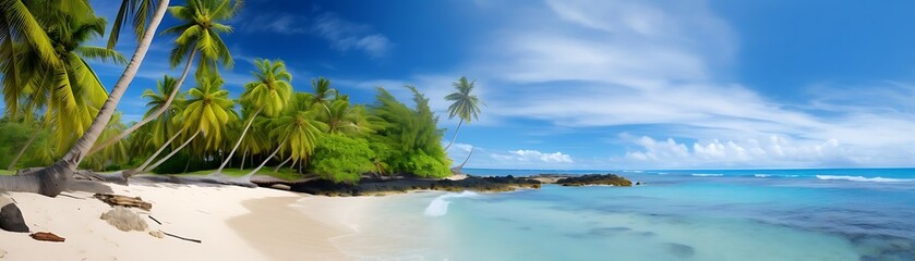 secluded beach with lush green trees, crystal blue water, and fluffy white clouds under a clear blue sky