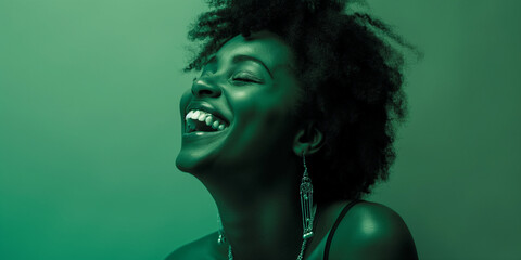 Joyful woman portrait on green background, a natural portrait of a woman expressing joyful