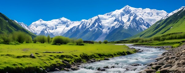 Wall Mural - snow - capped mountains and river surrounded by lush green trees under a clear blue sky