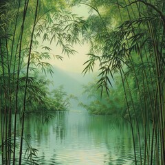 Wall Mural - Tranquil bamboo forest with serene lake , peaceful, harmony, nature, scenic, landscape, calm, tranquil, Zen, green, outdoor, meditation, Asian, growth, serenity, fresh, peaceful